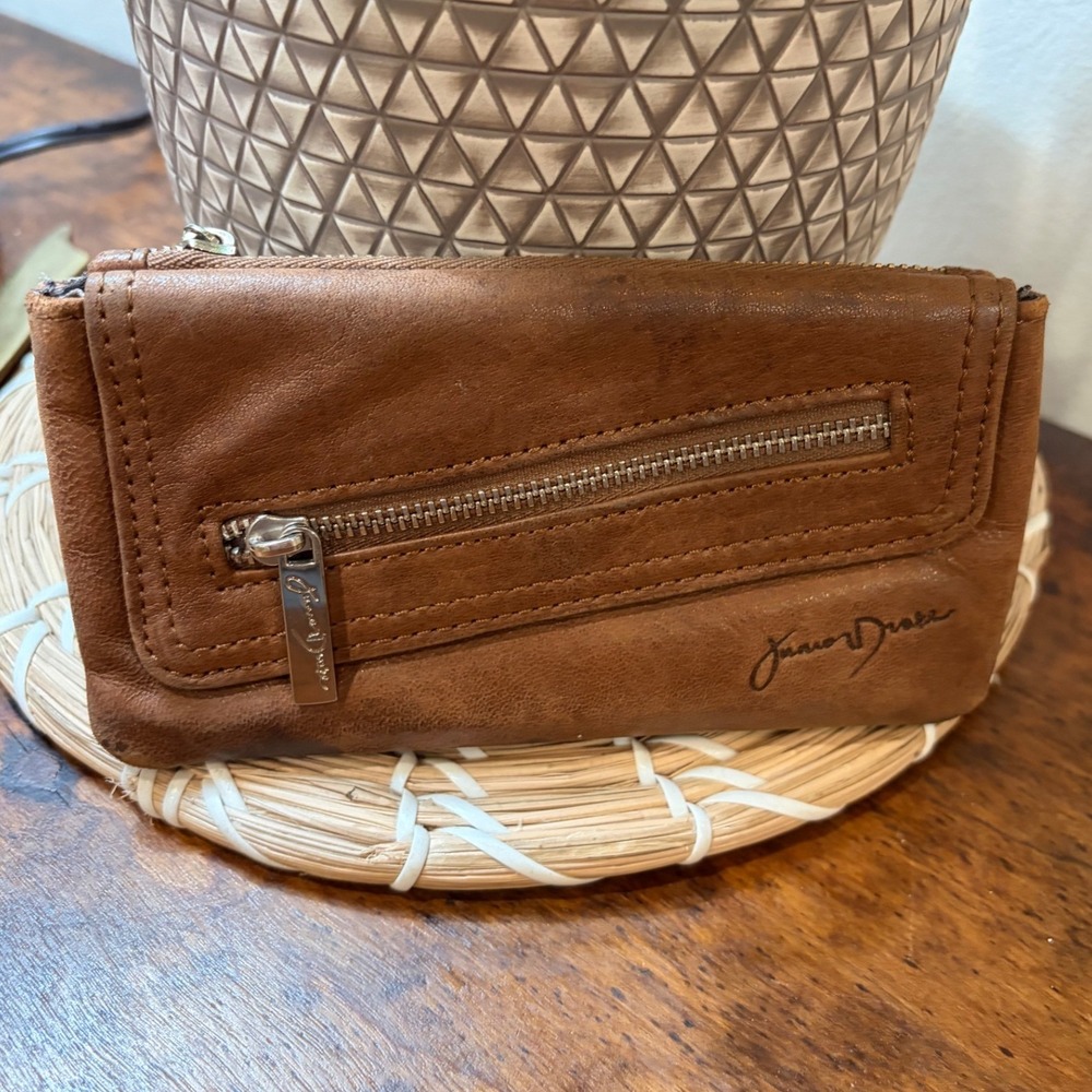 Junior Drake Brown Leather Zip Pouch Wallet Distressed Multi Pocket Small Cognac